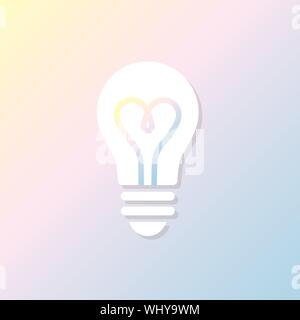 Light bulb glowing. Isolated electric lamp on pastel gradient background. Heart filament. Vector illustration, flat design Stock Vector