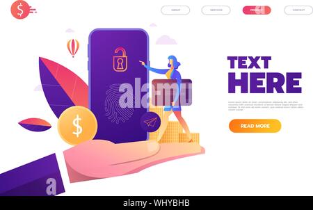 Fingerprint access password, woman with mobile phone, fingerprint personal data guard isometric vector illustration ultraviolet background. Stock Vector