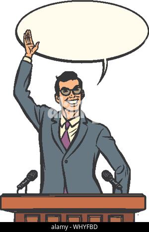 Businessman or politician speaker speaking at the podium. Comic cartoon pop art retro vector illustration drawing Stock Vector