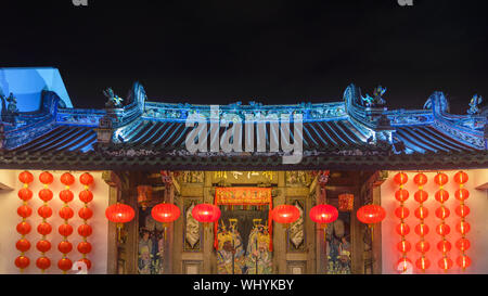 Penang, Malaysia - February 12, 2019. Light and lanterns decoration Han Jiang Ancestral Temple by night, Teochew association. Stock Photo