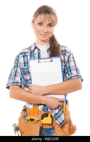 female worker holding clipboard Stock Photo