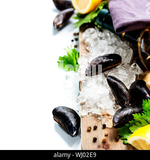 Fresh  mussels on ice ready for cooking Stock Photo