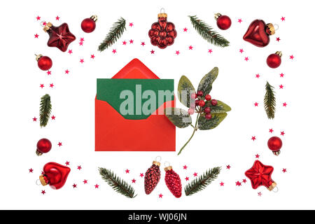 Christmas red decorations on white background. Flatlay, top view, copy space. Stock Photo