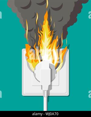 Electrical outlet on fire. Overload of network. Stock Vector
