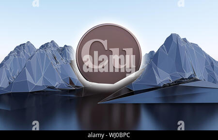 copper symbol in shape of coin in abstract mountains. 3d rendering Stock Photo