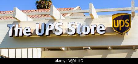 July 31, 2019 Sunnyvale / CA / USA - The UPS store logo placed above the to one of their Santa Clara county locations, San Francisco bay area Stock Photo
