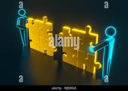 3d man, small person inserting last part of a puzzle. Business concept. 3d rendering Stock Photo