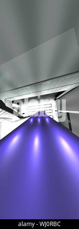 Futuristic blue lighting 3D render deck. Future architecture vertical widescreen composition. Stock Photo