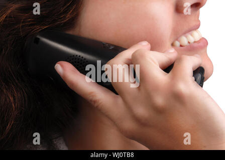 Close-up of womans lips talking on the phone. Isolated on white background Stock Photo