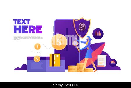 Fingerprint access password, woman with mobile phone, fingerprint personal data guard isometric vector illustration ultraviolet background. Stock Vector