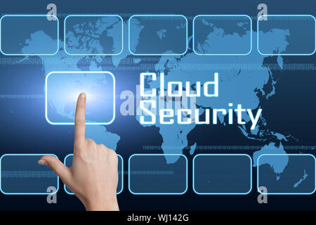 Cloud Security concept with interface and world map on blue background Stock Photo