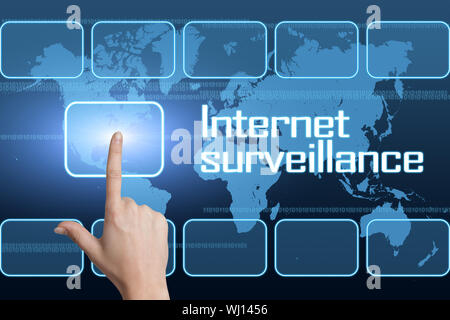 Internet surveillance concept with interface and world map on blue background Stock Photo