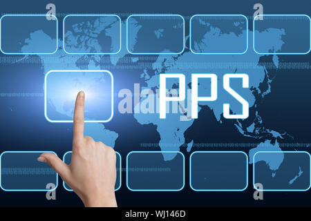 Pay per Sale concept with interface and world map on blue background Stock Photo