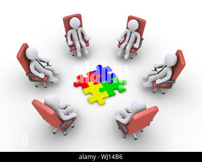 3d businessmen sitting on armchairs and four puzzle pieces in the middle Stock Photo