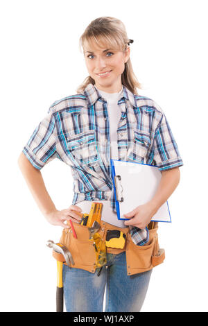 female worker with clipboard and tools isolated Stock Photo