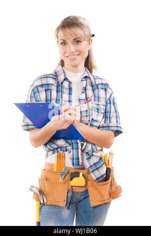 female worker with clipboard writing and smiling isolated Stock Photo