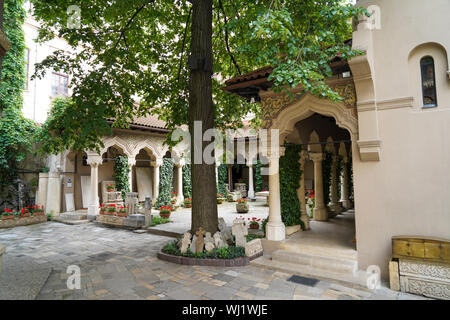 Exterior of the Stavropoleos Monastery (aka Stavropoleos Church) in Bucharest, Romania Stock Photo