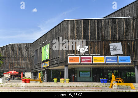 View, Outside, Outside, outside view, outside view, Berlin, Germany, FEZ, spare time and recreation centre, main building, main building, wood, wooden Stock Photo