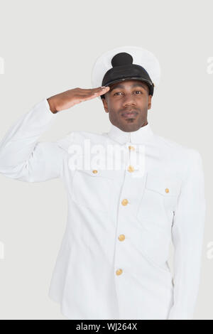 Confident military soldier saluting against close up of the us flag ...