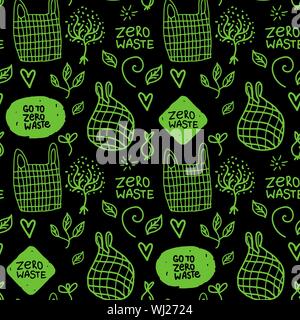 Zero waste seamless pattern. Vector shape green texture on black background Stock Vector