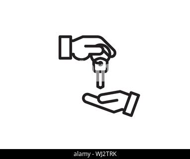Hand giving key icon. key with key ring given from one hand to another. Stock Vector