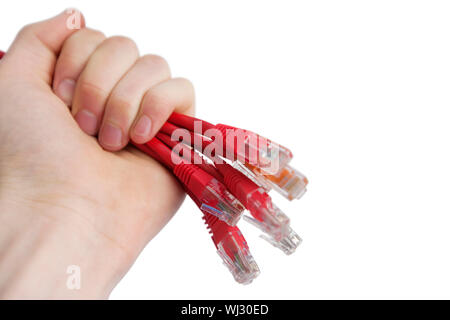 Cropped image of technician holding data cable plug over white background Stock Photo