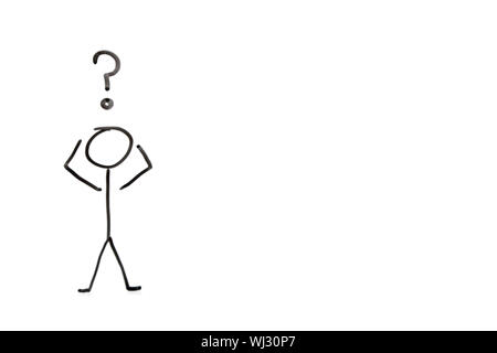 Stick figure with question mark depicting confusion over white background Stock Photo