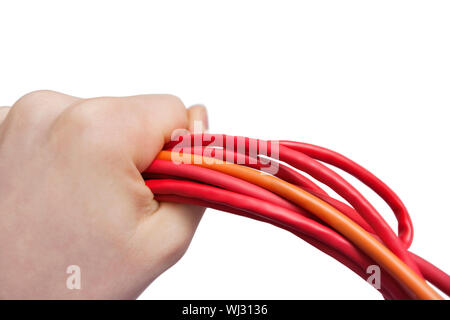Cropped image of technician holding computer hardware cables over white background Stock Photo