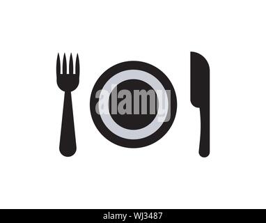 Plate, fork and knife icon on white background Stock Vector