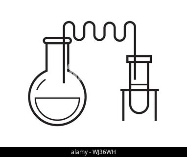Process of chemical reaction in the scientific laboratory, consisting of flasks and hoses. Vector illustration in a line style. Stock Vector