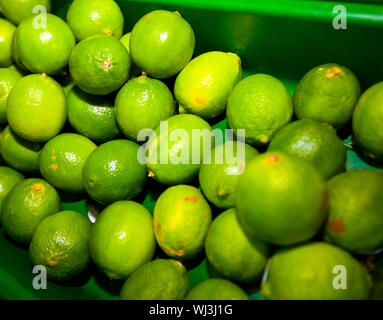Close-up of green lemons on display in grocery store Stock Photo