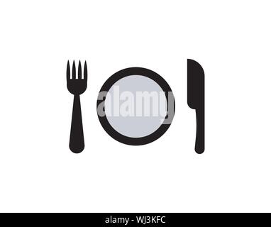Plate, fork and knife icon on white background Stock Vector