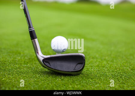 Golf stick and ball on green grass Stock Photo