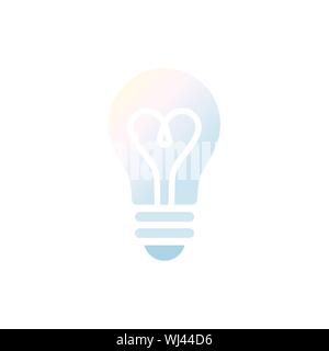Light bulb glowing. Isolated electric lamp on white background. Pastel color. Heart filament. Vector illustration, flat design Stock Vector