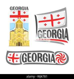 Vector logo for Georgia, consisting of 3 isolated illustrations: Holy Trinity Cathedral of Tbilisi on background of national state flag, symbol of Geo Stock Vector