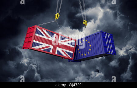 UK and europe trade war concept. Clashing cargo containers. 3D Render