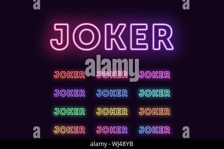 Neon text Joker, expressive Title. Set of glowing word Joker in Neon outline style with transparent backlight. Vector kit, red pink purple violet blue Stock Vector
