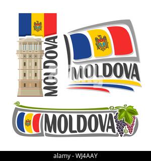 Vector logo for Moldova, 3 isolated illustrations: water tower in Chisinau on background national state flag, symbol of Republic of Moldova architectu Stock Vector