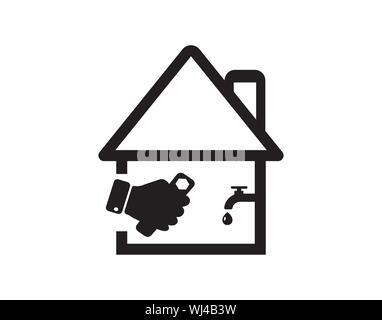 House with Water Faucet Icon in Solid Silhouette Style Stock Vector