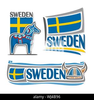 Vector illustration of logo for Sweden, consisting of 3 isolated illustrations: national  state flag over blue Dalarna horse, symbol of Sweden and fla Stock Vector