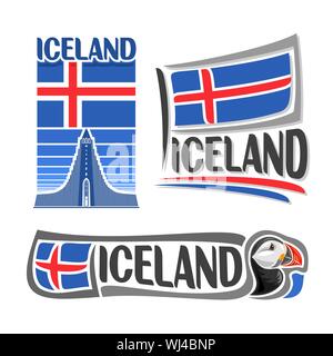 Vector illustration logo for Iceland, consisting of 3 isolated illustrations: icelandic national state flag over image Hallgrimskirkja, symbol of Icel Stock Vector