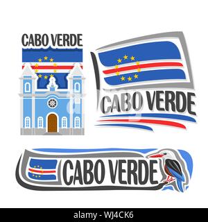 Vector logo for Cabo Verde, 3 isolated images: catholic church in Sao Filipe on background of national state flag and bird grey-headed kingfisher. Stock Vector