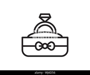 Wedding ring in gift box icon black on white background. Ring with diamond as a symbol of love, a sign of a marriage proposal. Jewelry isolated. Stock Vector