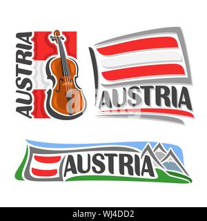 Vector logo for Austria, consisting of 3 isolated illustrations: violin on background of national state flag, symbol of Austria and austrian flag besi Stock Vector