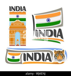 Vector logo for India, 3 isolated images: vertical banner with architecture landmark of india gate in Delhi on indian republic national state flag, an Stock Vector