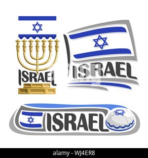 Vector logo for Israel, 3 isolated images: vertical banner with hanukkah menorah on of background israeli national state flag and jewish cap kippah. Stock Vector