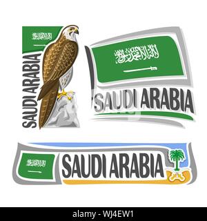 Vector logo for Saudi Arabia, 3 isolated images, vertical banner with Falcon on background of arabian national state flag. Stock Vector