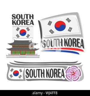 Vector logo for South Korea, 3 isolated images: vertical banner with gyeongbokgung palace in Seoul on background of korean national state flag and ros Stock Vector