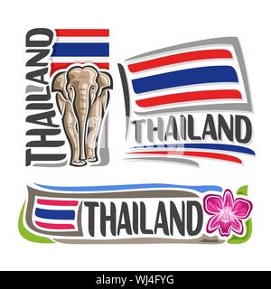 Vector logo for Thailand, 3 isolated images: vertical banner with royal white elephant on background of Thai national state flag and violet thai orchi Stock Vector