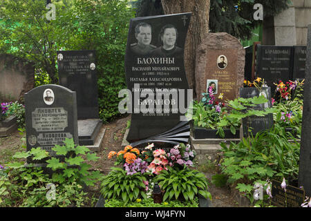 Grave of Soviet general Vasily Blokhin (1895 - 1955) and his relatives at the Donskoye Cemetery in Moscow, Russia. Vasily Blokhin was the chief executioner of the NKVD during the Great Terror. He obviously personally executed Russian writer Isaac Babel, Russian theatre director Vsevolod Meyerhold, Soviet military commander Mikhail Tukhachevsky and many others. Stock Photo